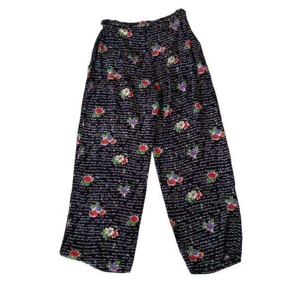 Vintage Cache Black Floral Paper bag Wide Leg Pants with Denim Accents - Medium - Picture 3 of 5